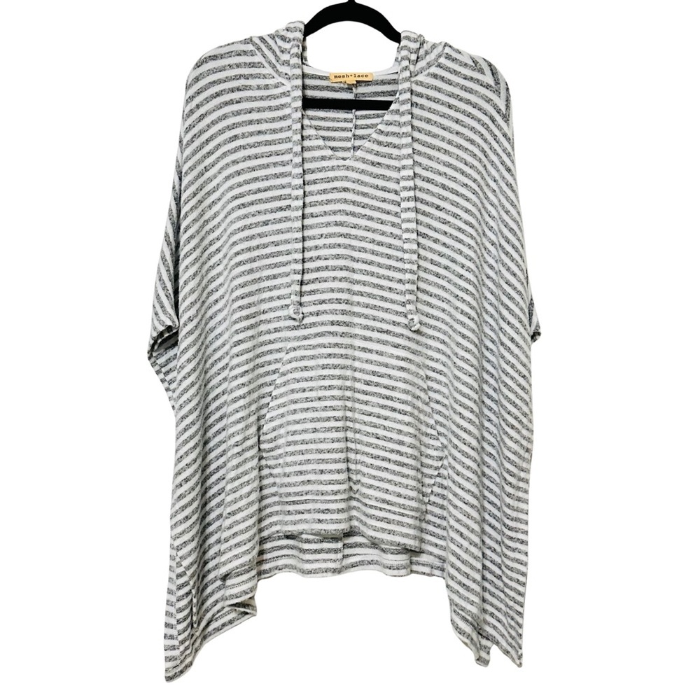 Mesh + Lace Gray & White Striped Oversized Slouchy Fit Poncho Hoodie Sz Large
